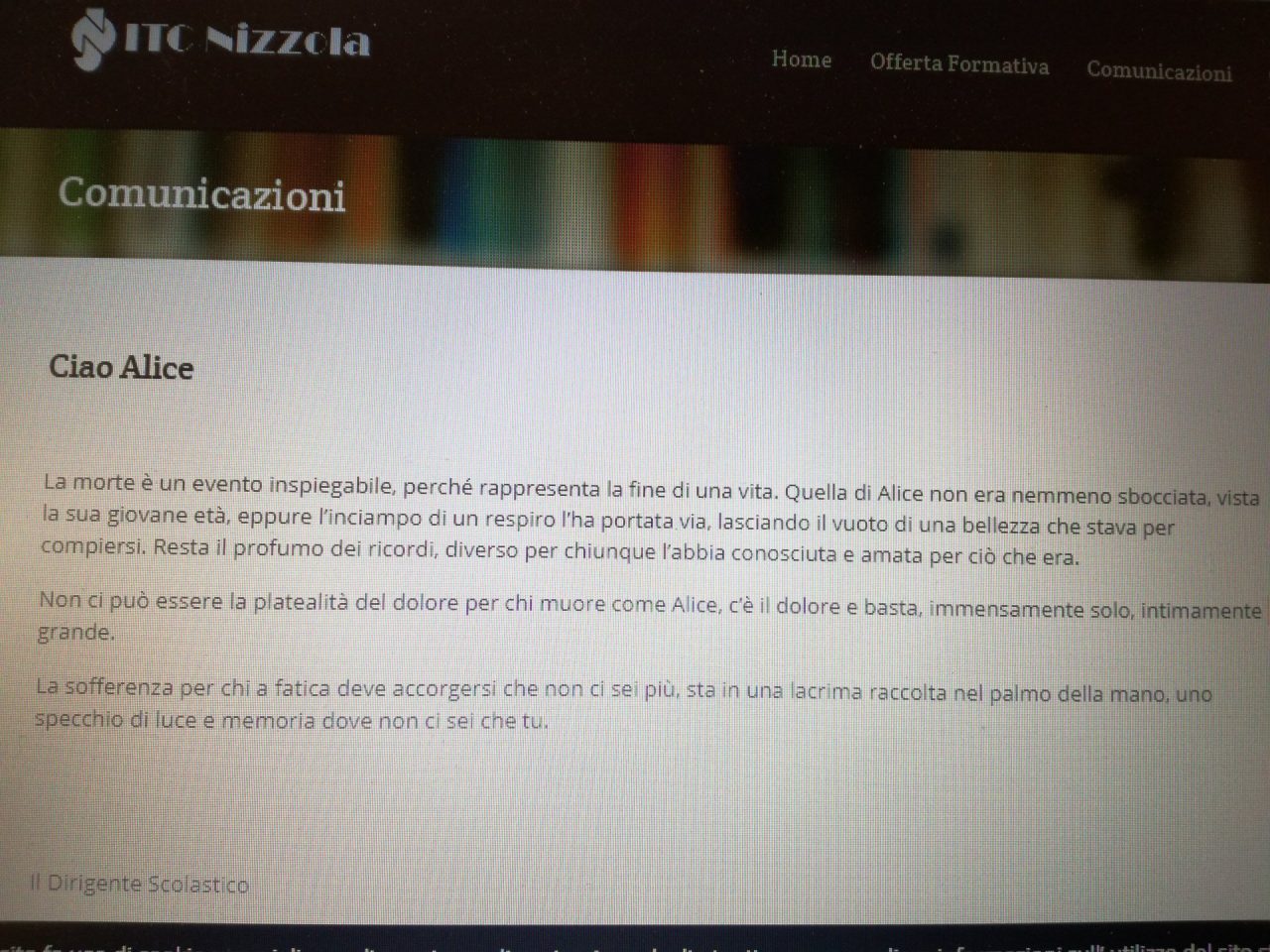 Compagni e dirigenza ricordano Alice a scuola
