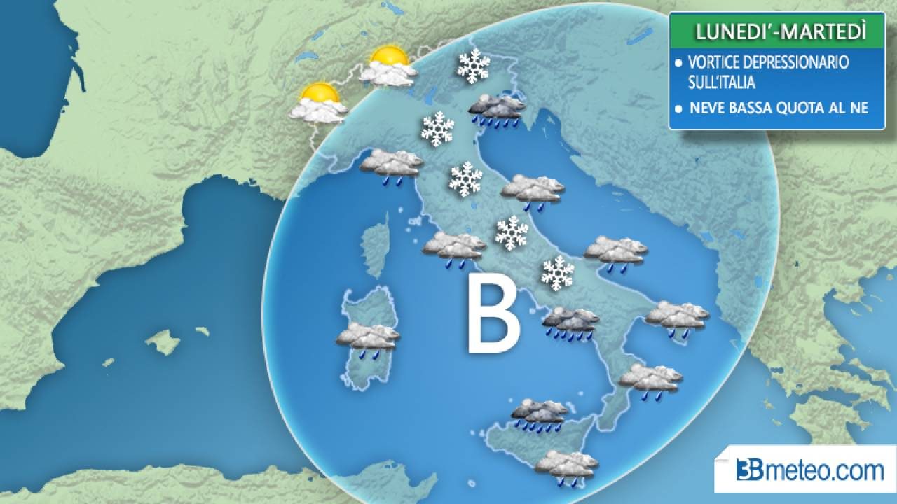 Meteo tra lunedì e martedì torna il maltempo con pioggia e neve anche a quote basse