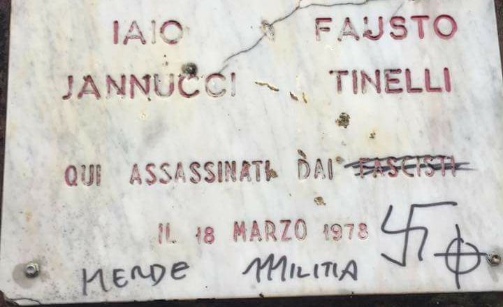 Sfregiata targa dedicata a Fausto  e Iaio