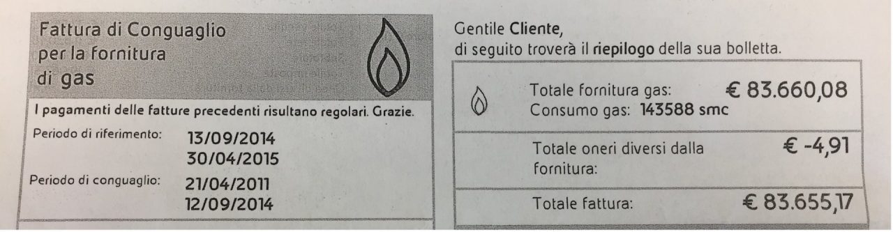 Ricevono una bolletta del gas da 85mila euro