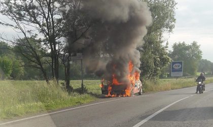 Auto in fiamme sulla Sp 120 tra Bussero e Pessano con Bornago