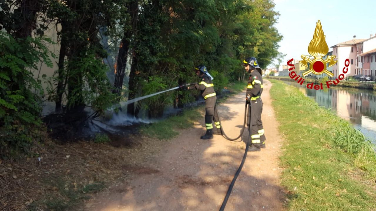Incendio di sterpaglie accanto al naviglio a Frazione Riva di Gorgonzola