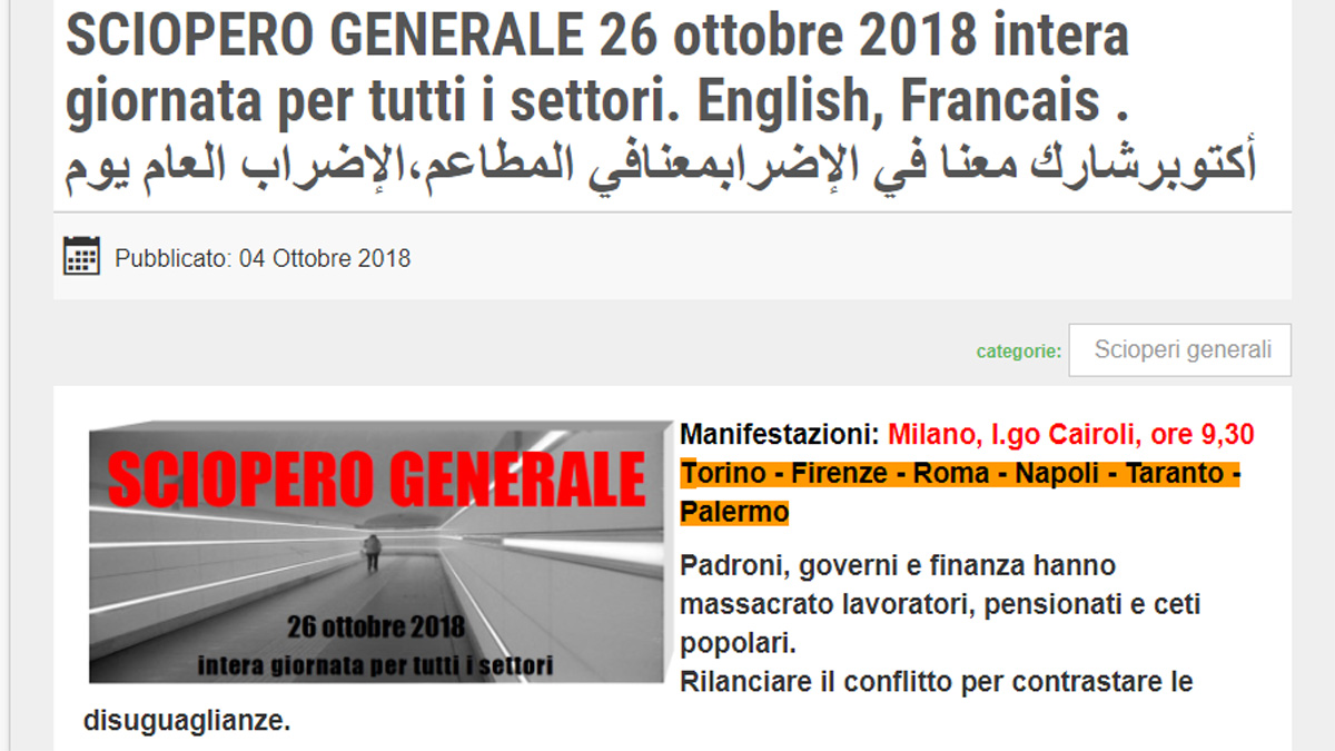 Sciopero generale 26 ottobre 2018 dei sindacati di base I CORTEI