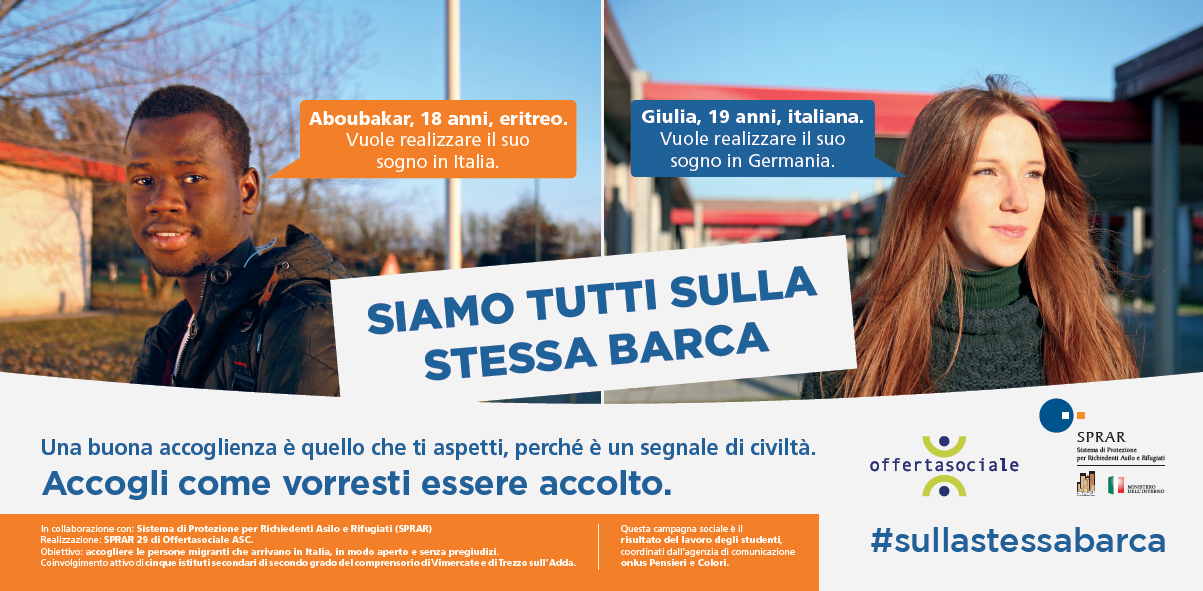 Cartelllone affisso progetto accoglienza migranti scuole NIzzola #siamotuttisullastessabarca