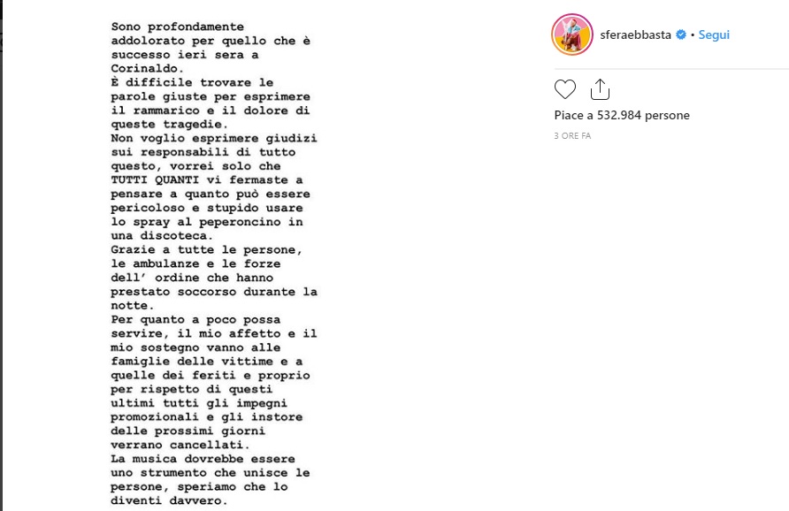 Tragedia in discoteca Sfera Ebbasta si ferma in segno di lutto