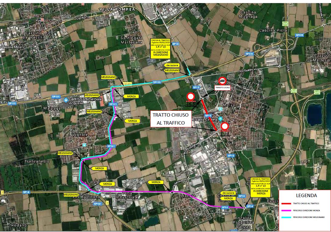 Divieto di circolazione il 9 febbraio sulla Sp13 a Melzo per collaudare il ponte