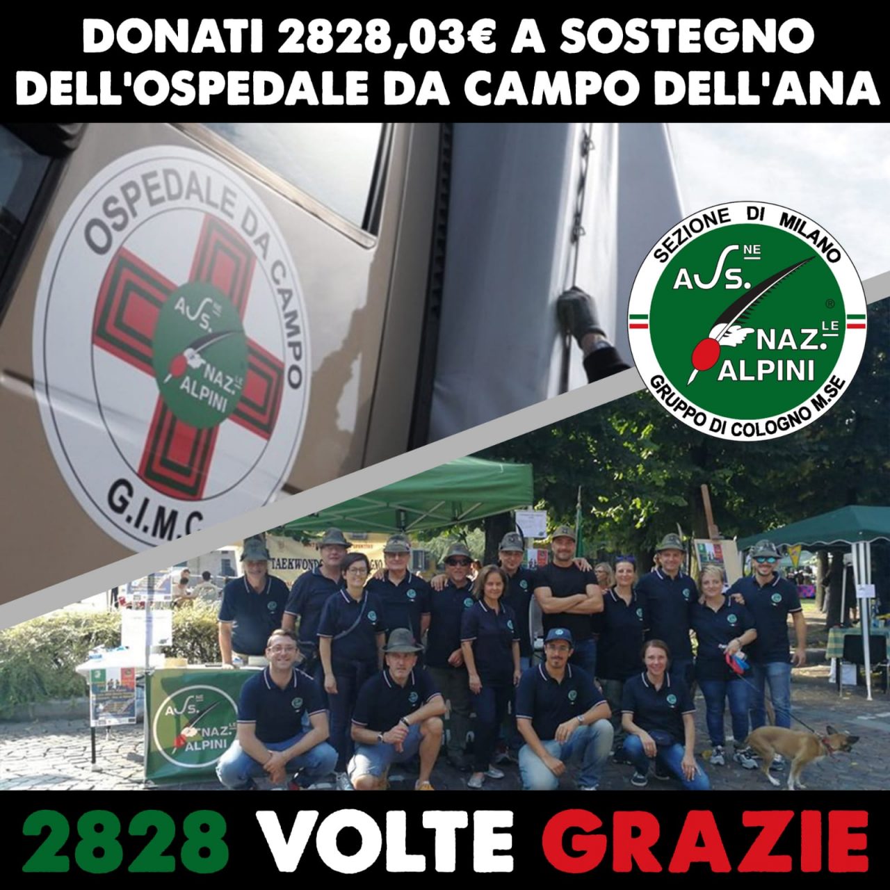 Bonifico da quasi 3mila euro degli Alpini per l’ospedale da campo Covid