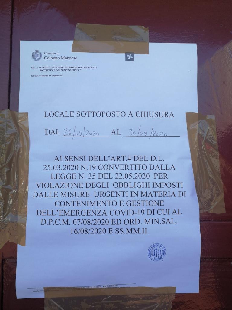 Non rispetto della normativa anti-Covid: chiuso un locale