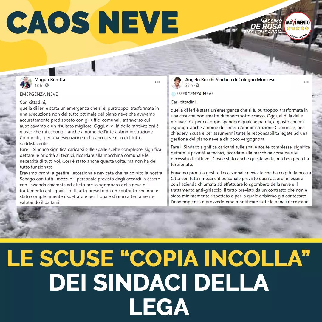 Scuse in fotocopia dei sindaci della Lega: dopo la nevicata è di nuovo bufera a Cologno