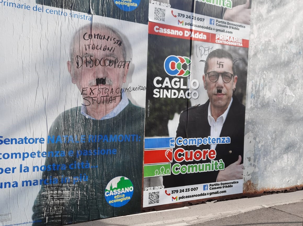 Cassano, svastiche e baffetti alla Adolf Hitler sui manifesti dei candidati alle primarie del centrosinistra
