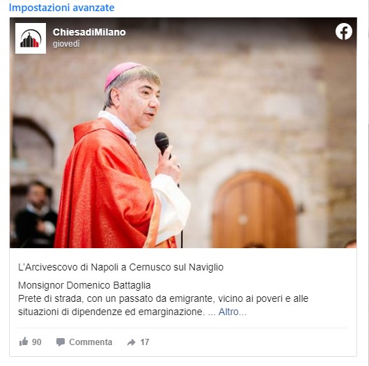 L’arcivescovo di Napoli monsignor Mimmo Battaglia in vista in Martesana