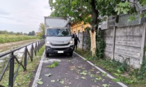 Camioncino imbocca la ciclabile, abbatte un albero e si incastra