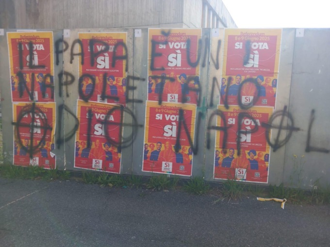 Scritte (assurde) sui manifesti del referendum: la Cgil chiede di risalire agli autori