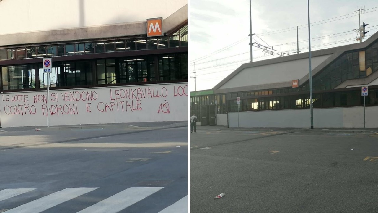 Imbrattato il muro della metro con scritte pro Leoncavallo: il Comune lo fa ripulire