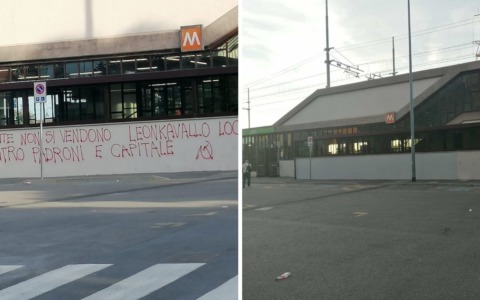 Imbrattato il muro della metro con scritte pro Leoncavallo: il Comune lo fa ripulire