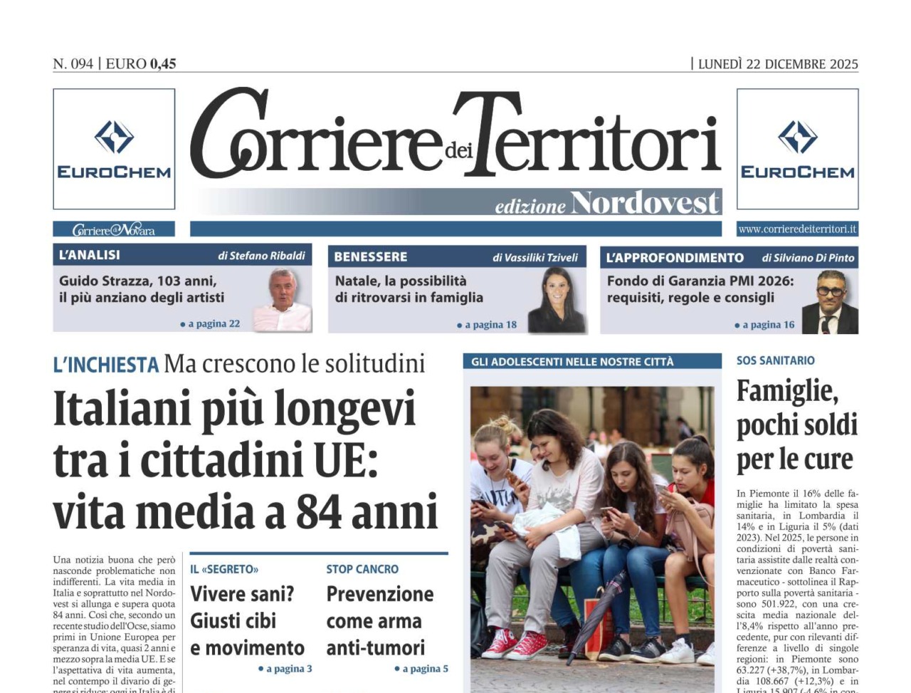 Sul Corriere dei Territori l’inchiesta è sulla longevità: la vita media si allunga a 84 anni
