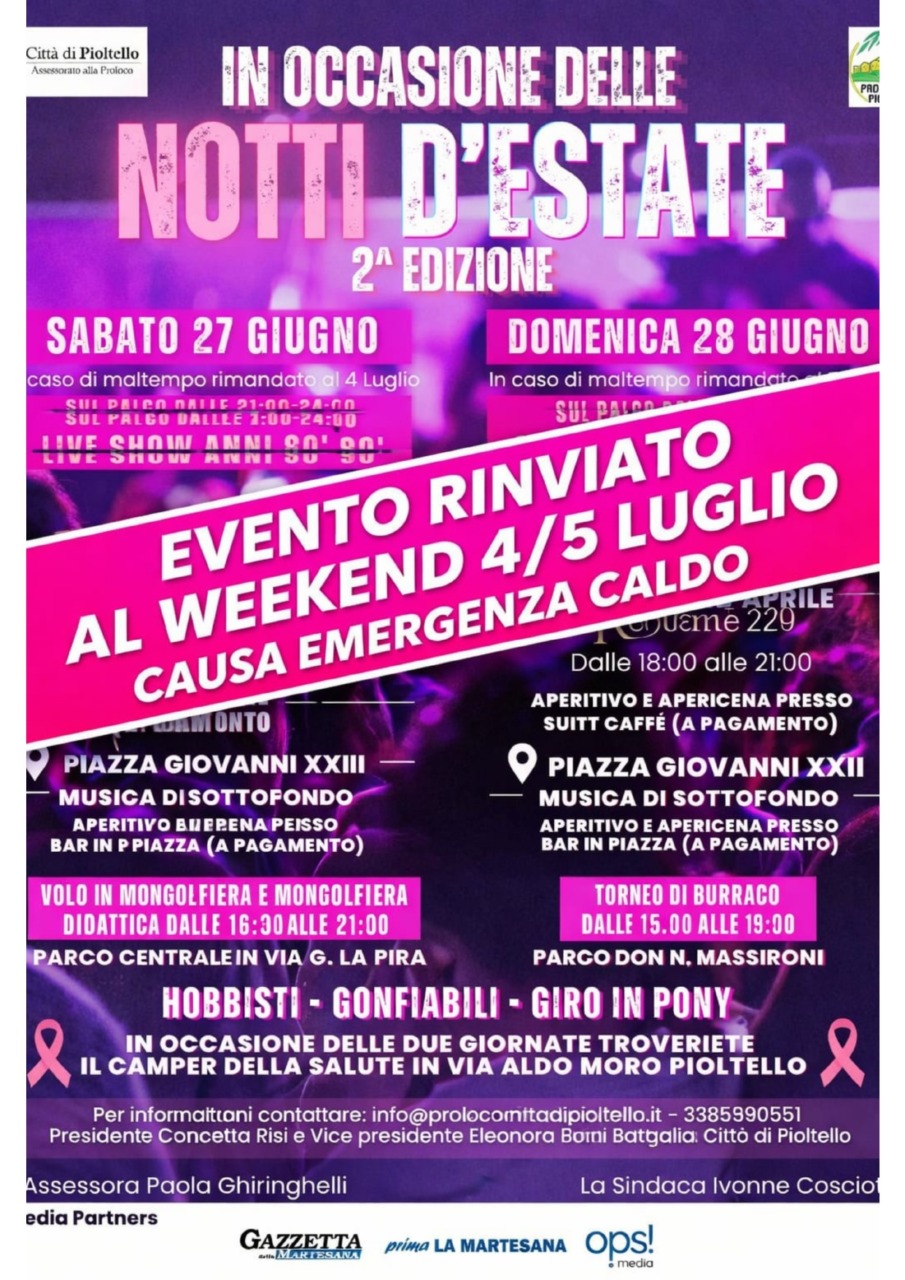 Notti d’Estate a Pioltello: l’evento rinviato di una settimana per l’emergenza caldo