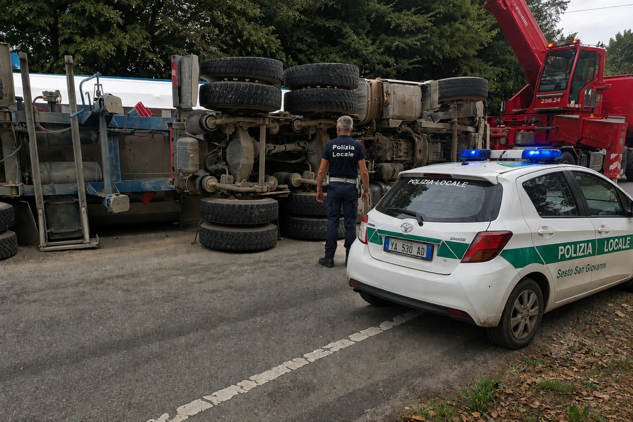Tir carico di terra si ribalta in rotonda: ferito camionista di 36 anni